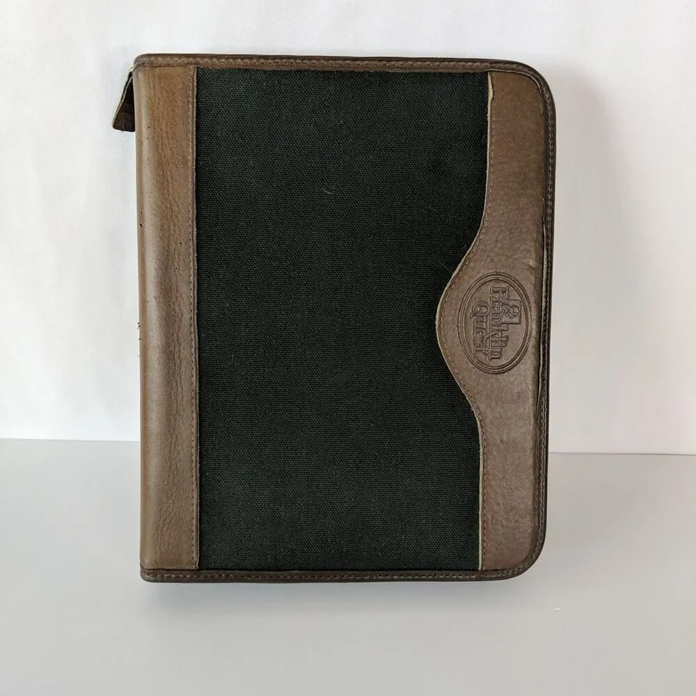 FRANKLIN QUEST Canvas & Leather 7 Ring Planner Binder Zip Organizer Made in USA
